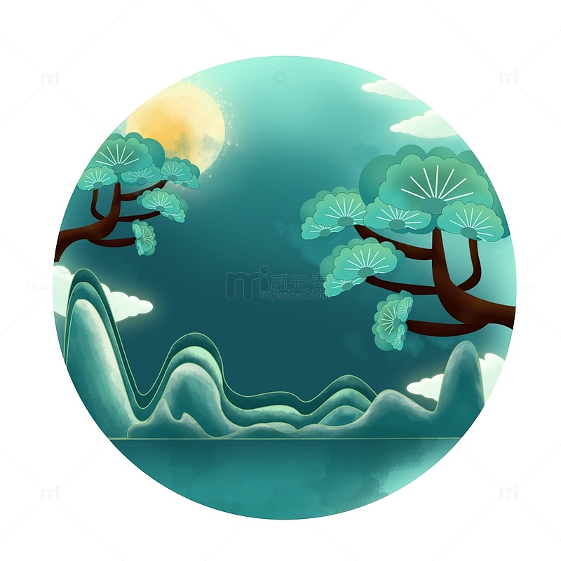 中国风国潮中秋松树月亮山水海报场景图