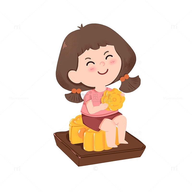 中秋节女孩坐在月饼上开心吃月饼