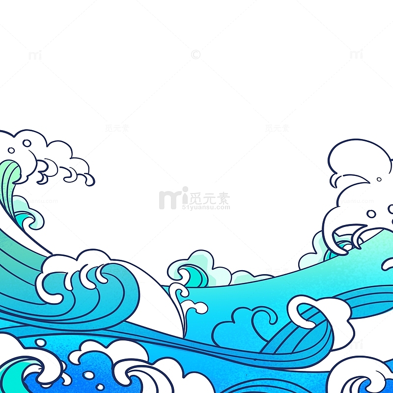 扁平化卡通国潮手绘蓝色渐变海浪素材