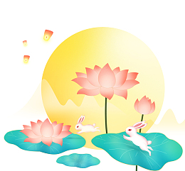 手绘卡通国潮中秋节荷花赏月