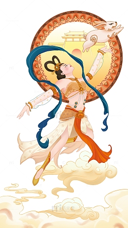黄色手绘嫦娥奔月中秋节手绘图