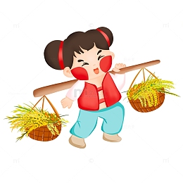 挑着装有稻谷的扁担的小孩手绘图