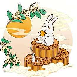 橙色国潮风中秋节兔子在桂花树下吃月饼图