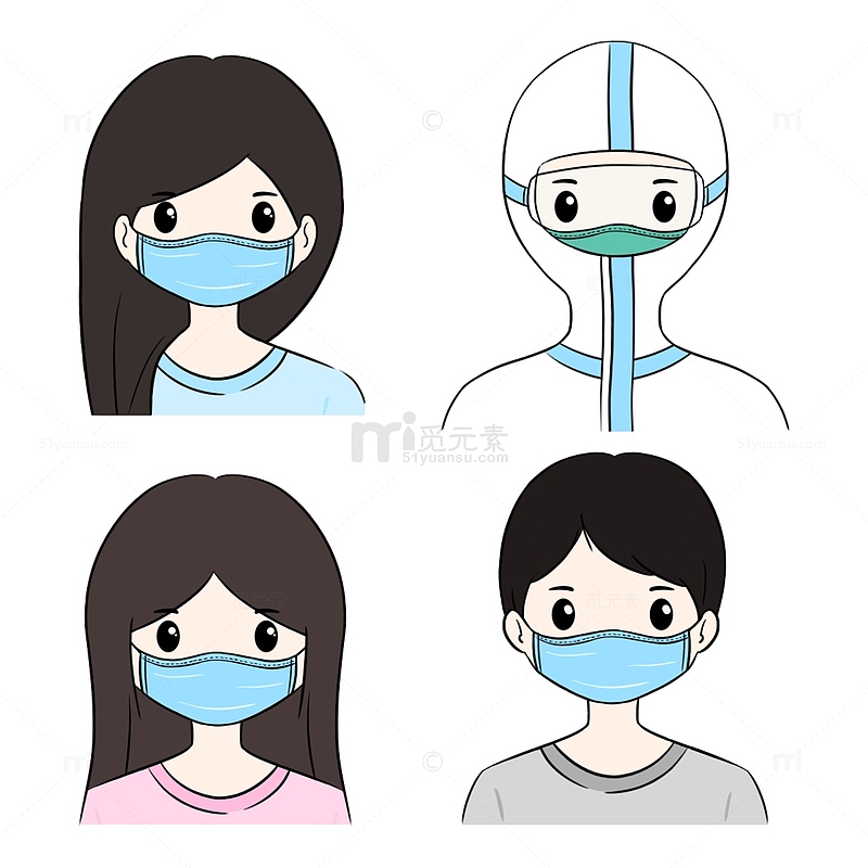 穿防护服疫情防护戴口罩的男性女性孩子