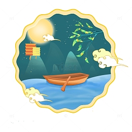 创意国潮中秋手绘月亮桂花小船