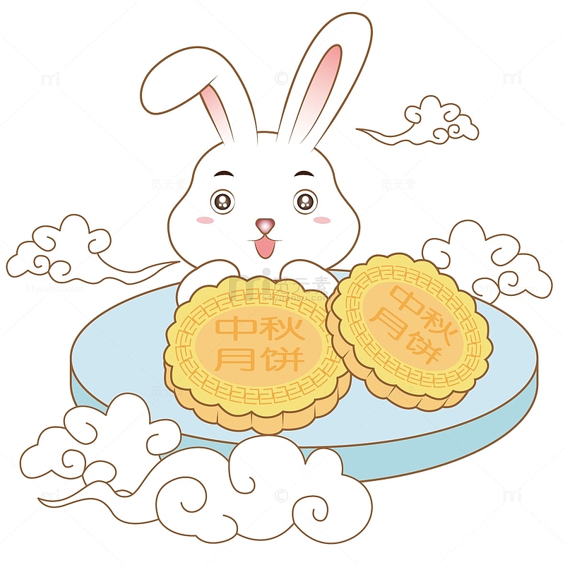 黄色卡通玉兔中秋节手绘素材