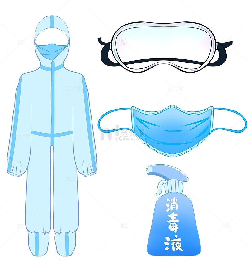 蓝色医疗防护服护目镜口罩消毒液套图