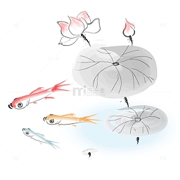 清新淡雅水墨荷花鱼群矢量中国风素材