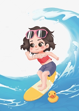 蓝色卡通冲浪女孩夏日手绘图