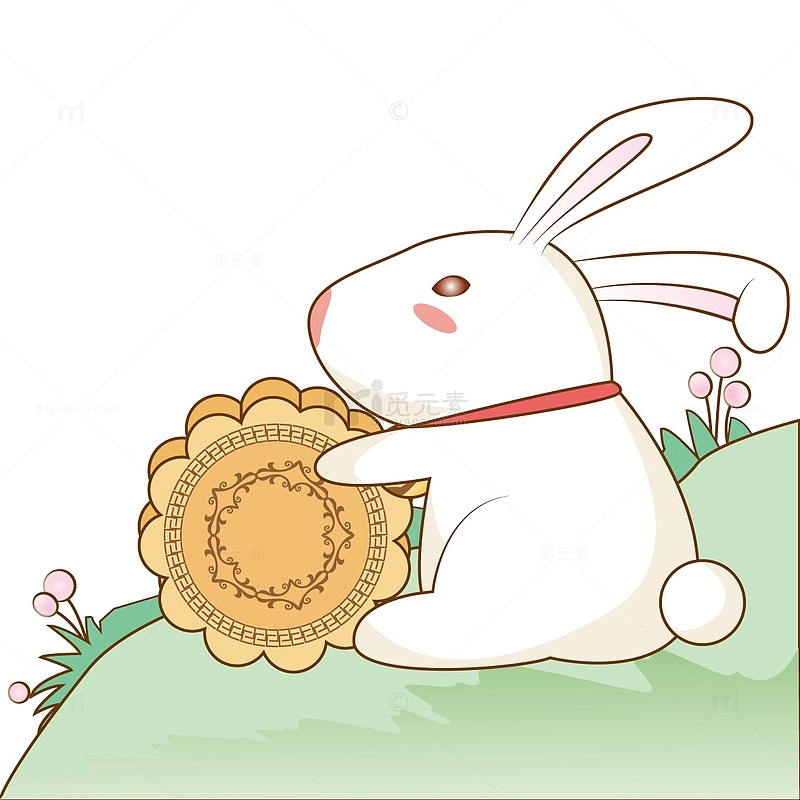 绿色小清新抱月饼的小兔子中秋手绘素材