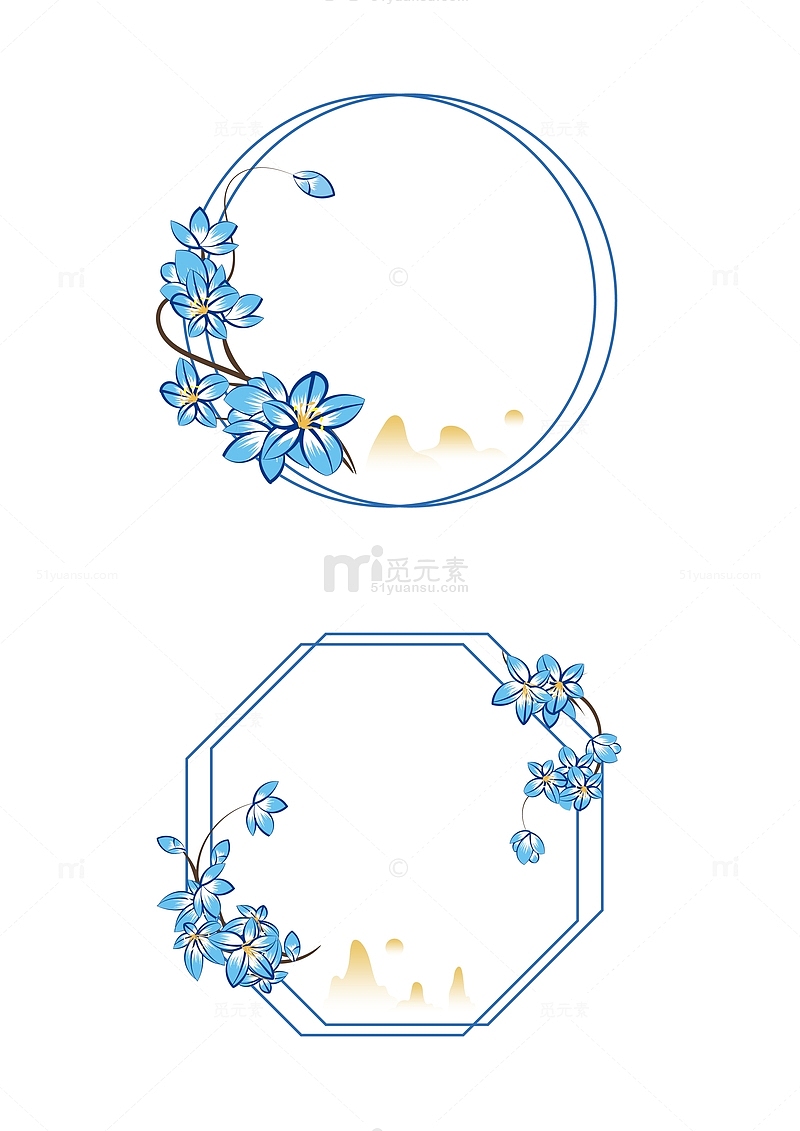 中国风国潮蓝色花朵装饰边框