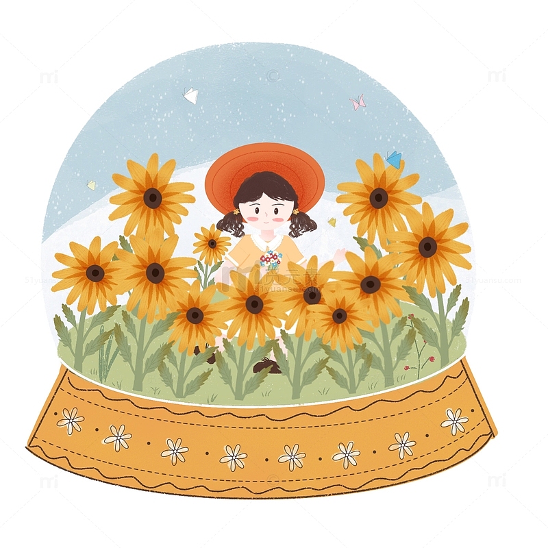 手绘水晶球中向日葵少女戴帽子童话风