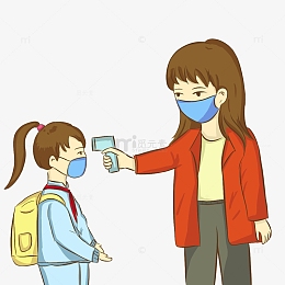 疫情防护学生老师戴口罩测体温上学手绘元素