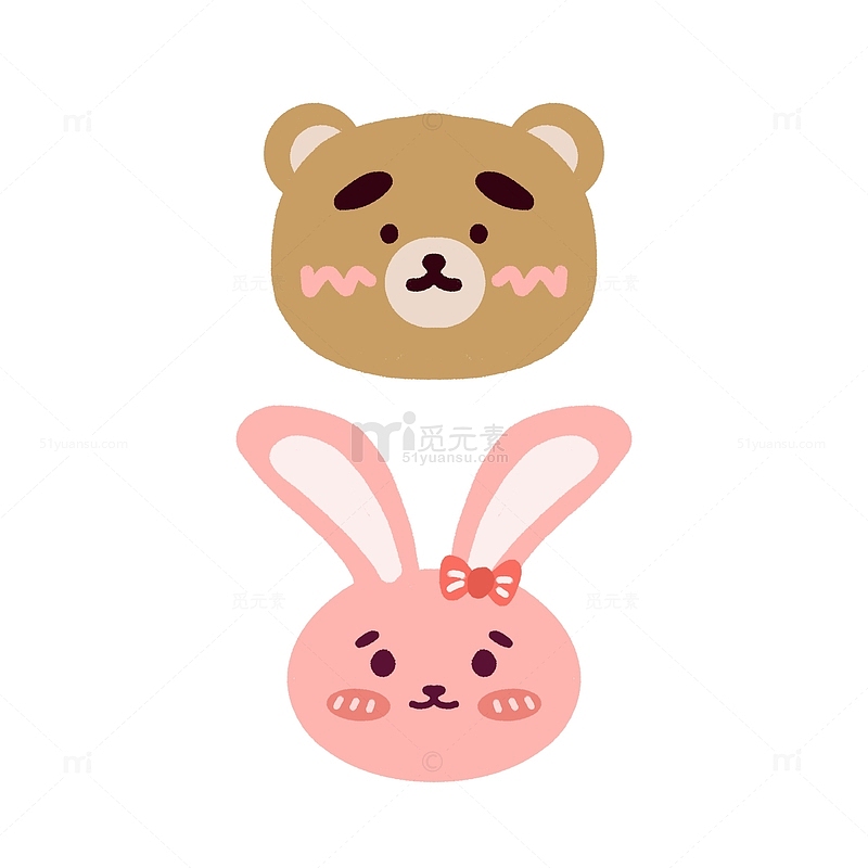 粉棕卡通可爱小熊兔子贴纸手绘元素