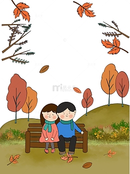 秋天秋分枫叶情侣山丘落叶公园卡通手绘背景