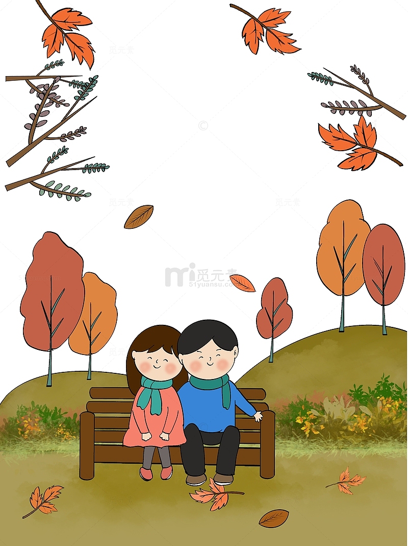 秋天秋分枫叶情侣山丘落叶公园卡通手绘背景