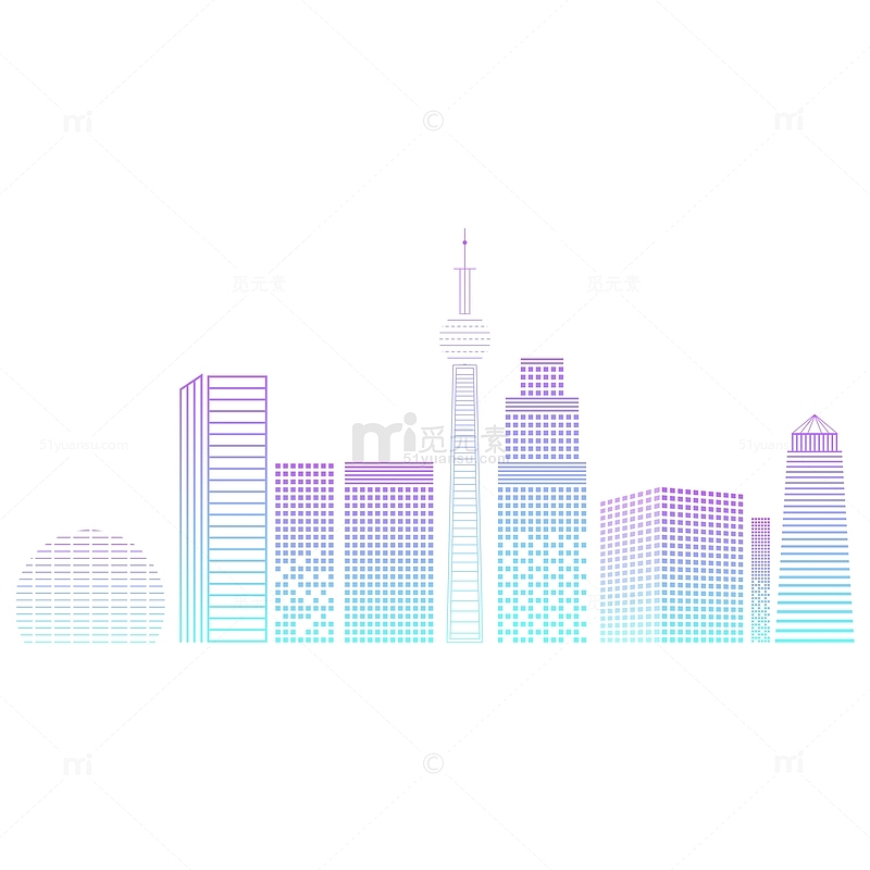 青紫色渐变城市高楼大厦剪影元素