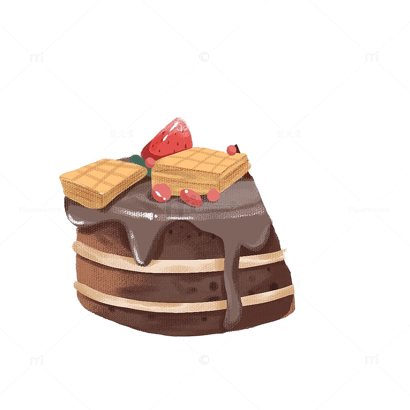 咖啡色诱人巧克力华夫饼草莓蛋糕手绘图