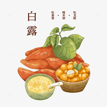 手绘二十四节气白露插画番薯米酒龙眼