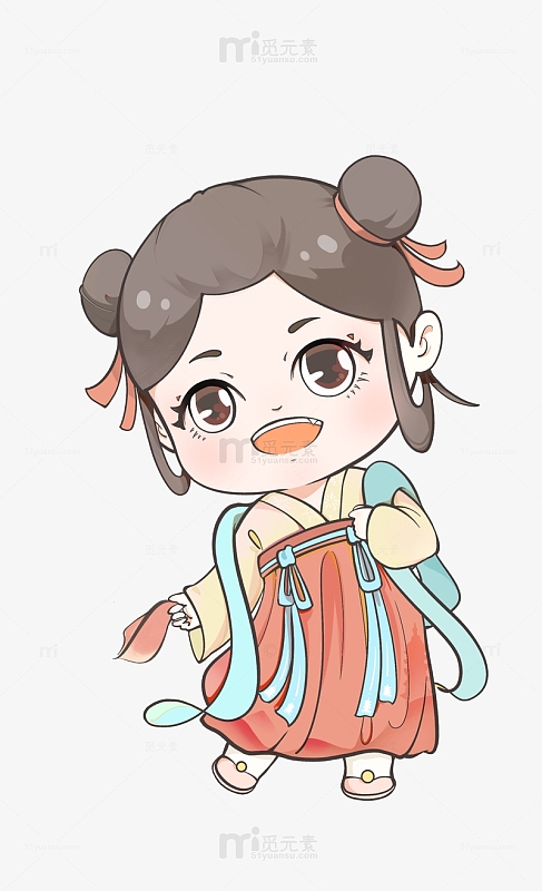 红色可爱小女孩汉服襦裙手绢中国风手绘图