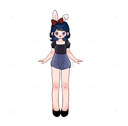 蓝灰色Q版可爱女生全身手绘图
