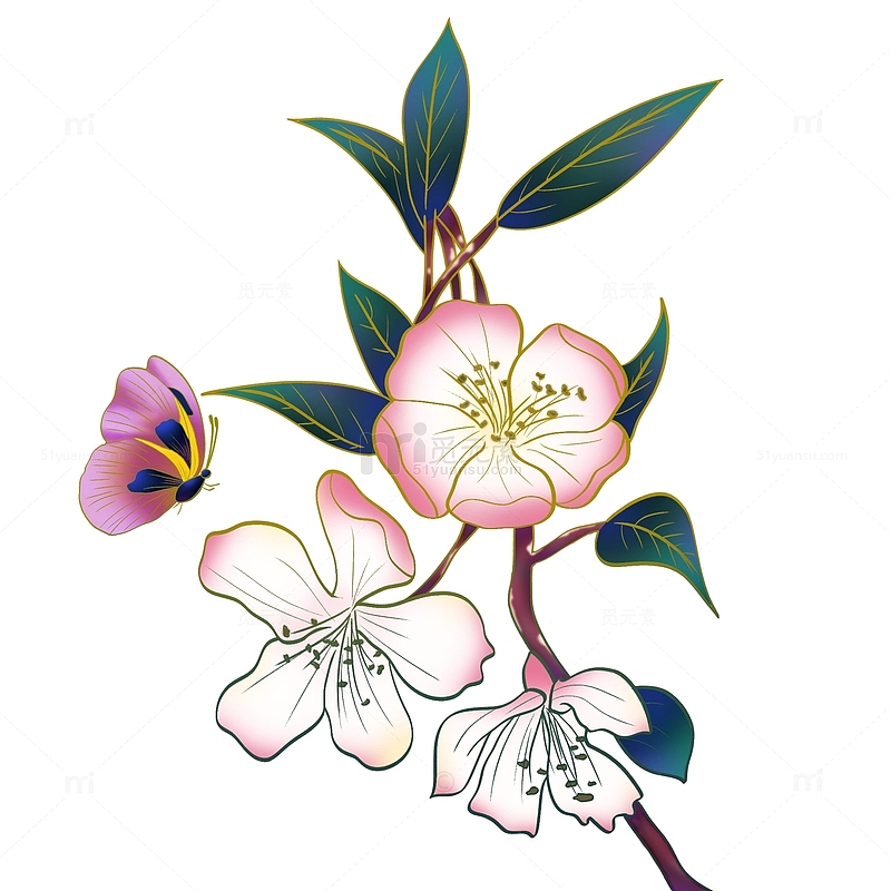 粉白色海棠花手绘插画元素