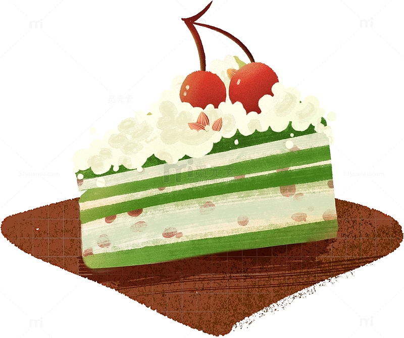 绿色手绘卡通肌理效果甜品水果抹茶慕斯蛋糕