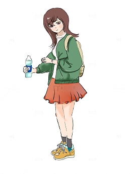 简约女孩喝水拧瓶盖手绘图