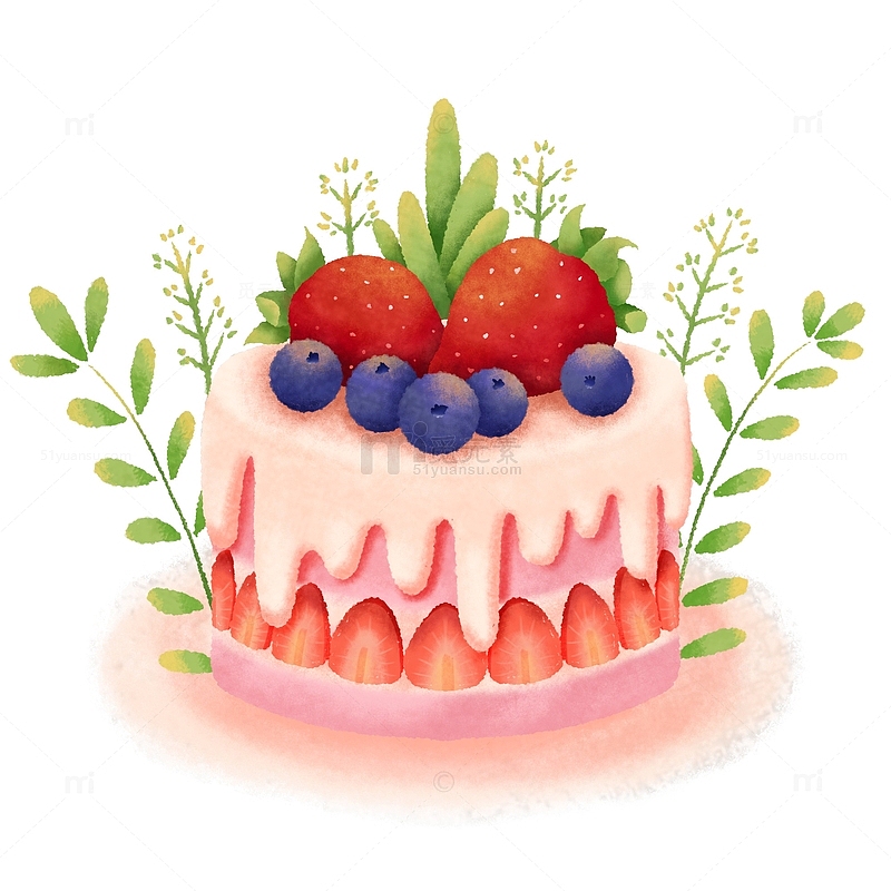 手绘插画粉色草莓奶油蛋糕