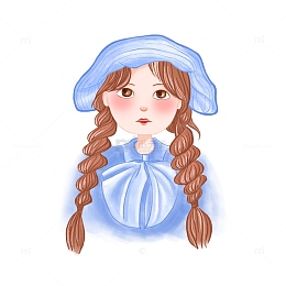 蓝色清新可爱卡通戴帽子的小姑娘手绘图