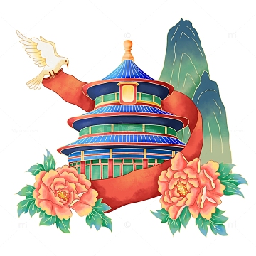 手绘国潮中式国庆国风插画天坛