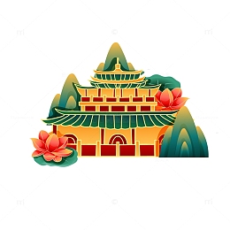 矢量手绘国潮风荷花荷叶建筑装饰元素