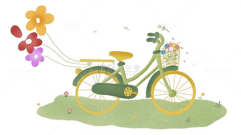 手绘绿草地小清新单车黄绿色鲜花自行车插画