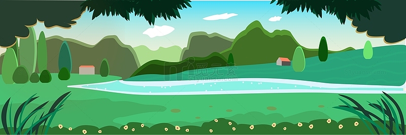 绿色夏日河流山脉草地矢量手绘风景