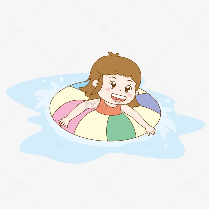 彩色卡通小女孩游泳手绘素材