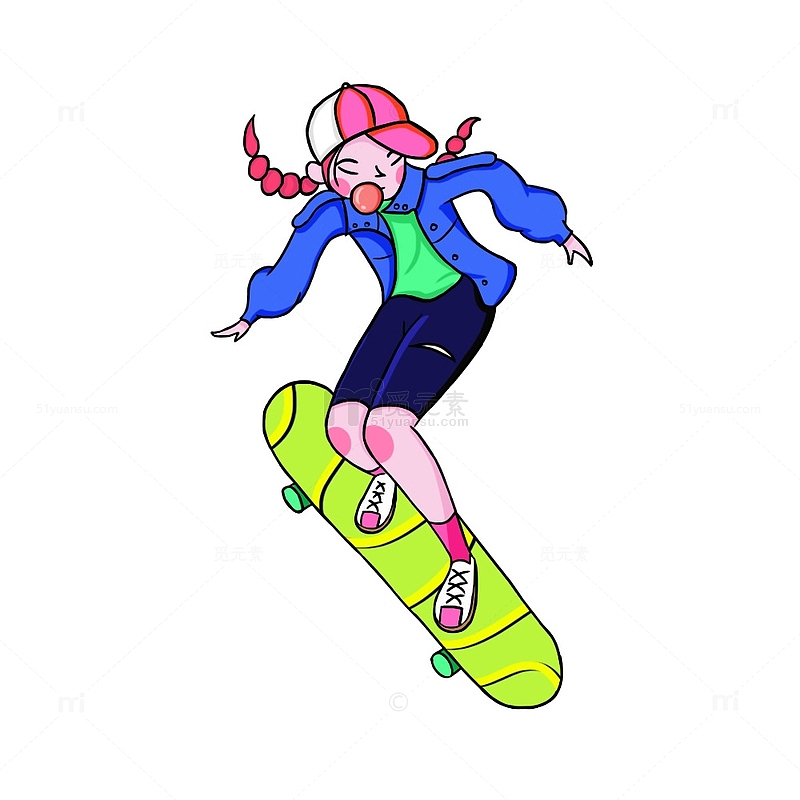 蓝绿色潮流动感滑板女孩手绘图