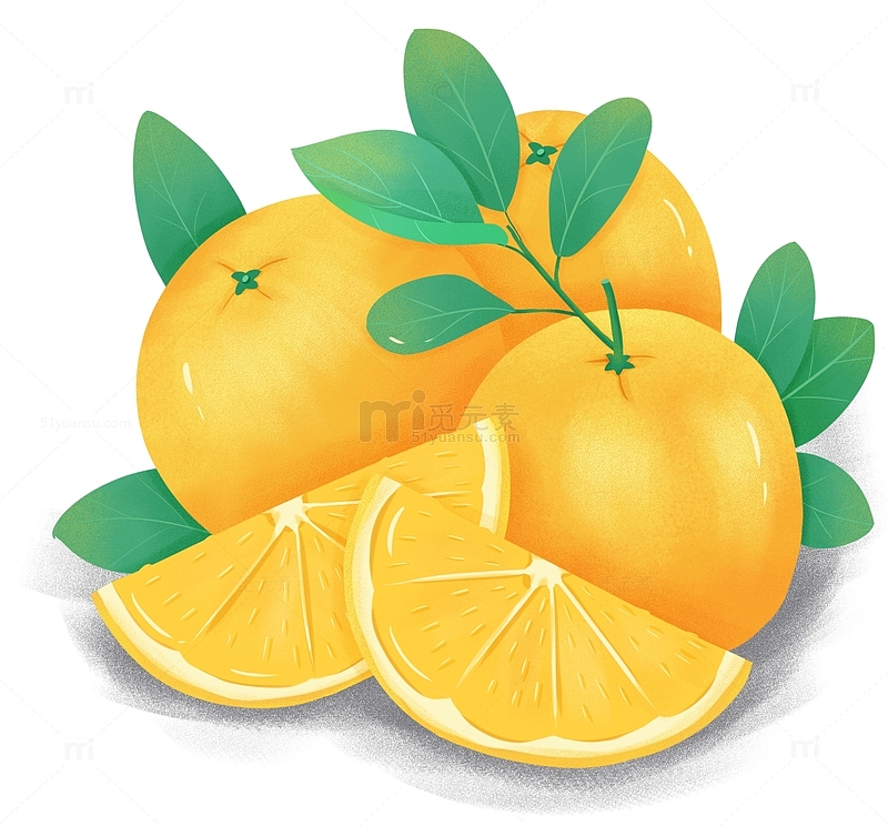 橙黄色绿叶小清新切开香橙秋季三个橙子