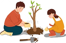 绿色清新春天植树手绘图