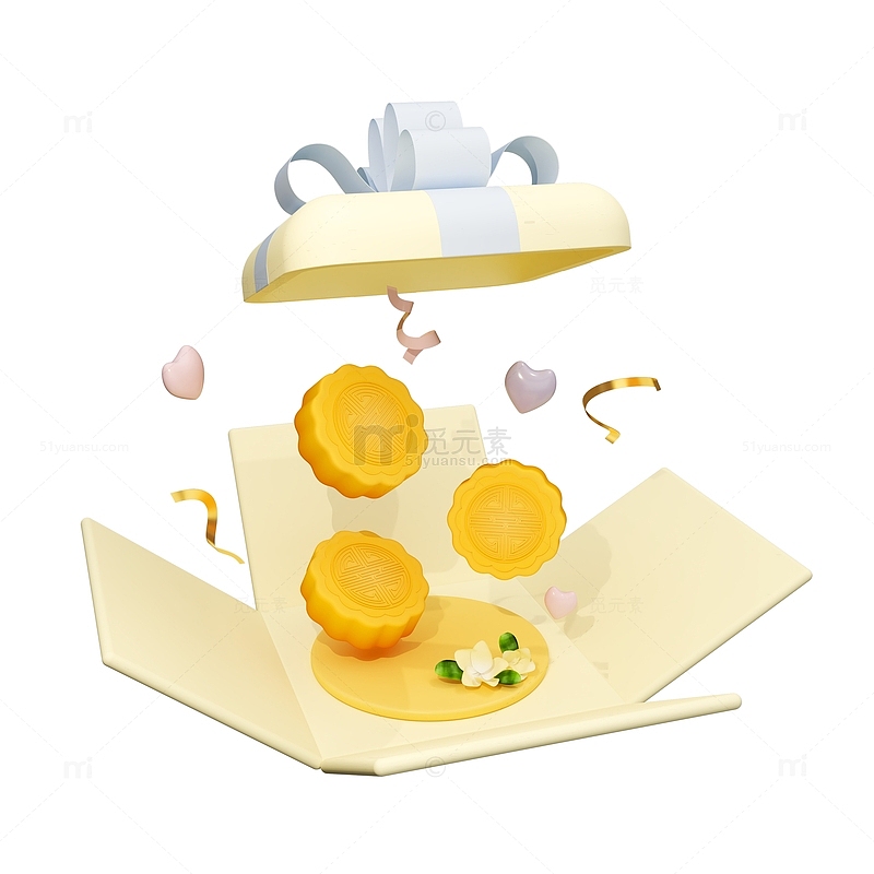 淡黄色3d立体中秋月饼礼盒元素图