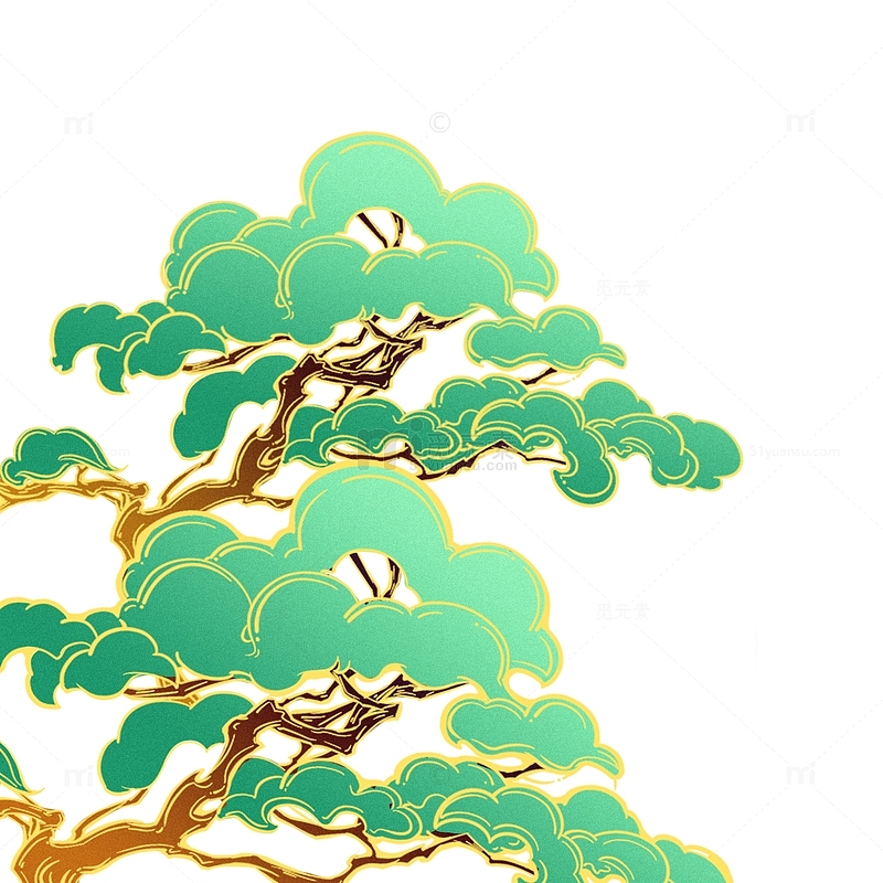 手绘卡通潮流国潮常青松植物树木元素