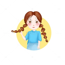 蓝色清新卡通扎辫子的小姑娘手绘图