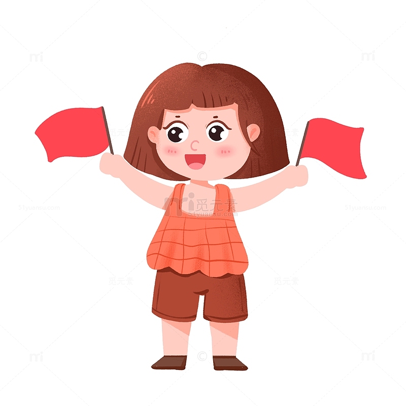 女孩拿着两个红旗庆祝国庆节