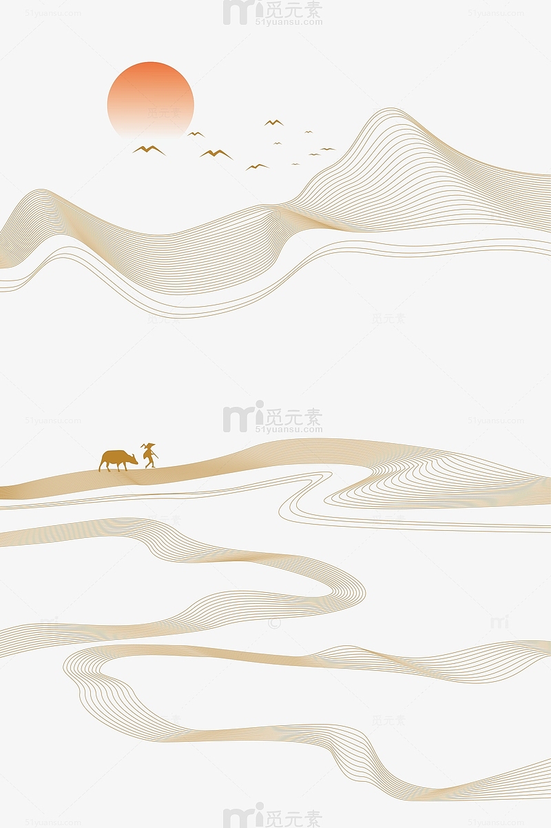 白色中式山水线条中国风元素手绘图
