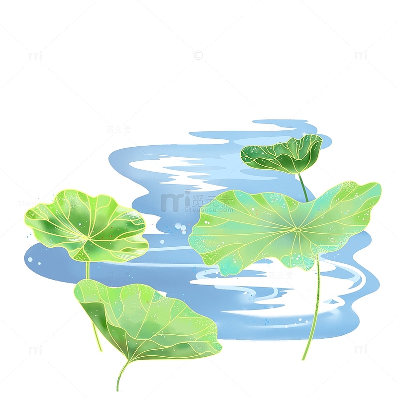 绿色荷塘荷叶国风手绘插画元素