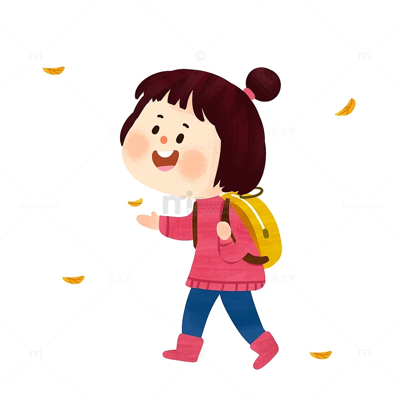 背着书包的女孩与落叶手绘元素