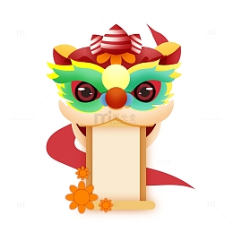 矢量手绘狮子头舞狮卷轴装饰元素