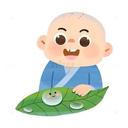 白露节气之小和尚与叶子露珠可爱手绘元素