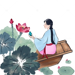 绿色古风水墨采荷露白露插画