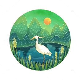 手绘二十四节气白露国风插画山水白鹭