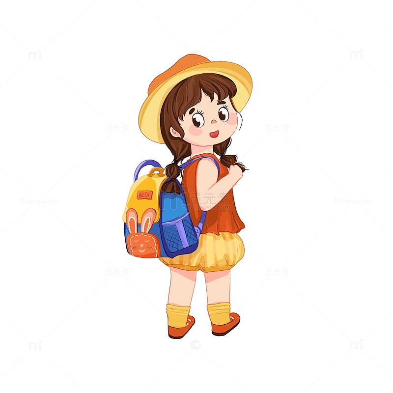 儿童手绘插画背着书包的小女孩